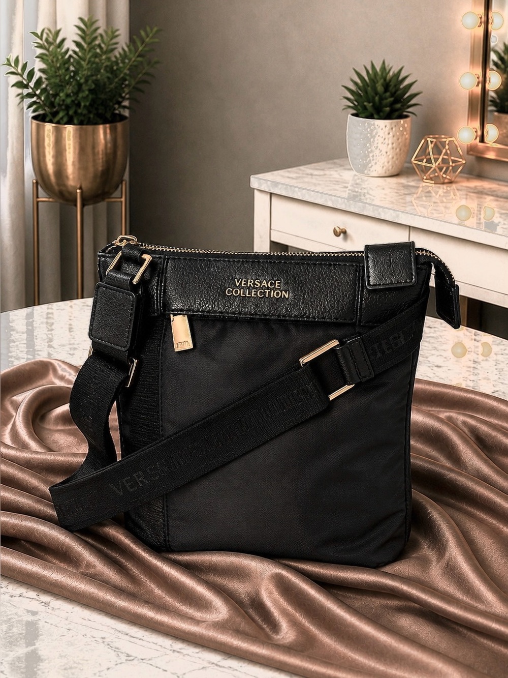 Versace Collection Black Pebbled Leather & Nylon Messenger bag